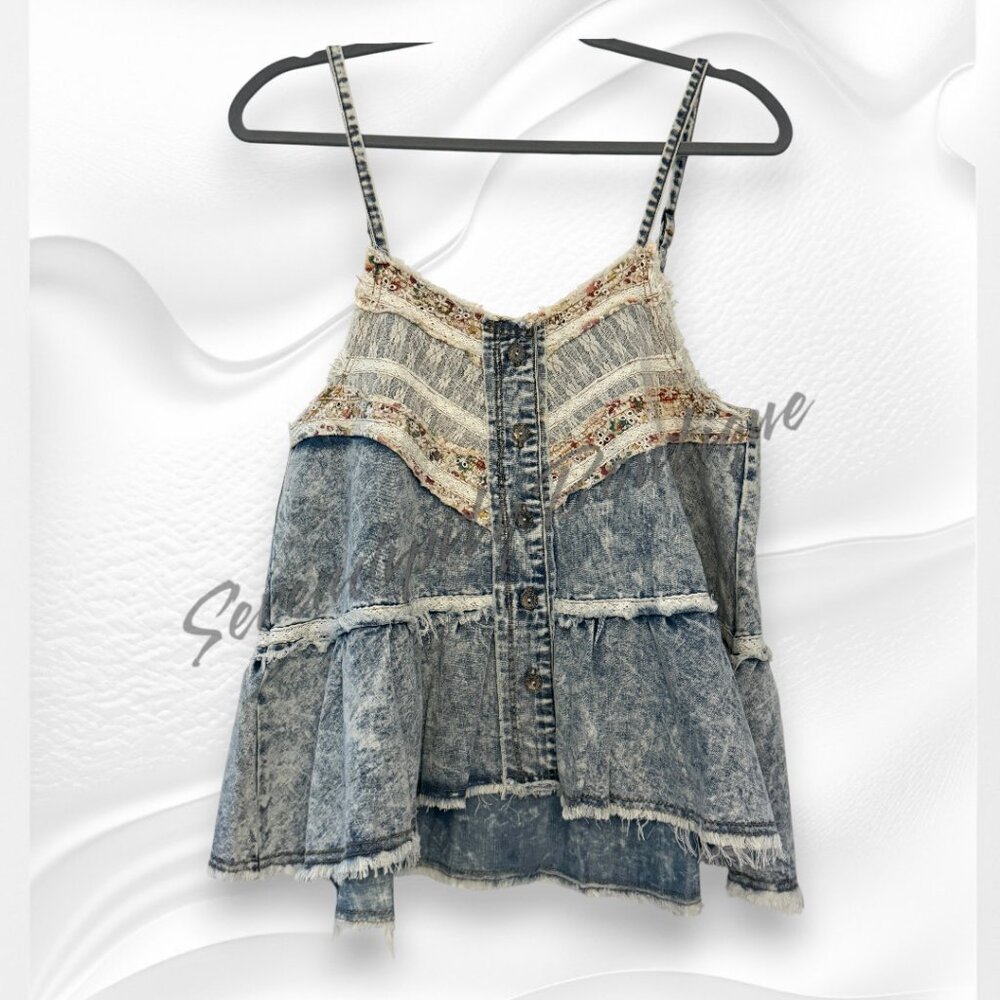 POL Acid Denim Lace Patchwork Button Up Oversized Cami Strap Babydoll Top - Picture 4 of 11